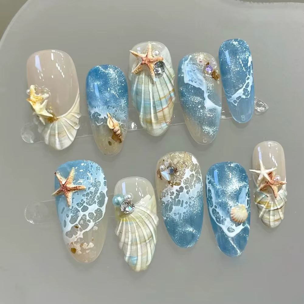 10 faux ongles à presser Ondes Océaniques