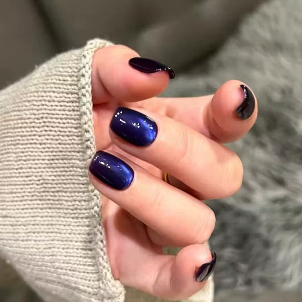 30 pièces oeil de chat bleu portable presse sur ongles court carré couverture complète faux