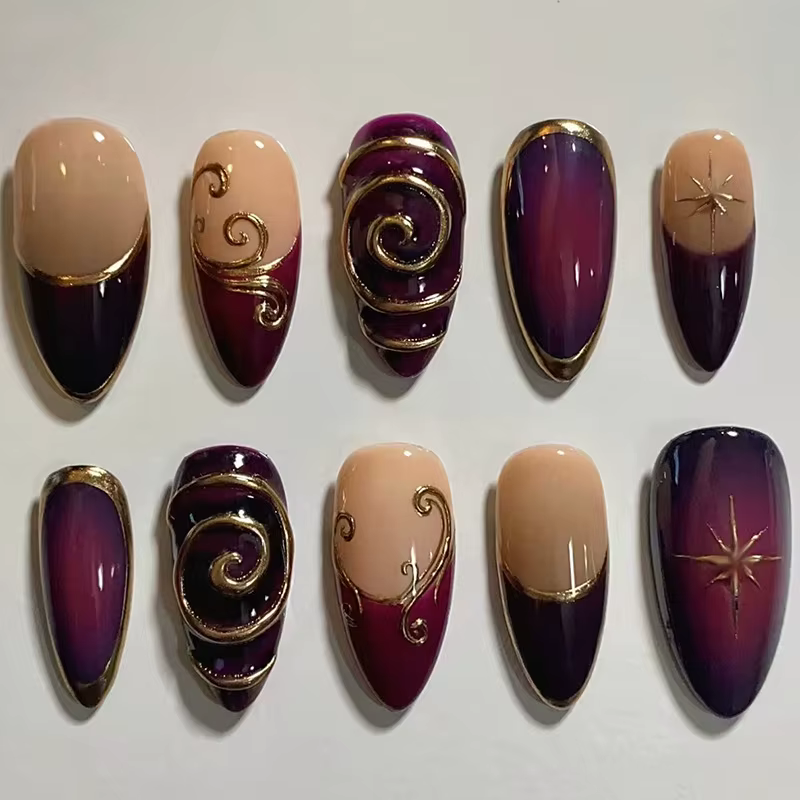 24 pièces lignes dorées modèles faux ongles violet foncé Blush français