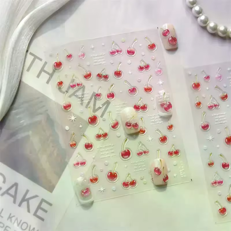 Autocollant d'art d'ongle de cerise rouge de gelée douce gaufrage fille femmes