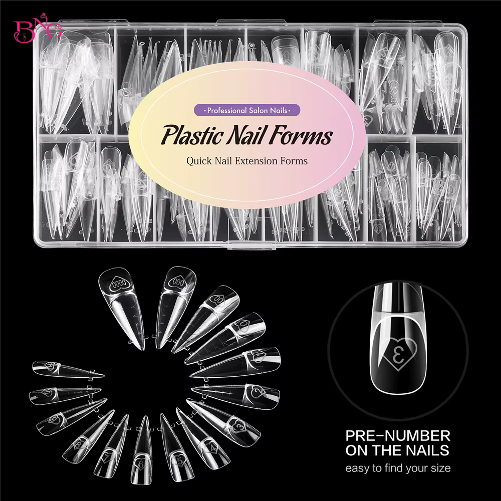BNG Dual Forms pour Gel Constructeur, Formes Double Usage Stiletto, Carrées, French Space, pour Extension d'Ongles, 150 Pièces, Moules Acryliques Réutilisables