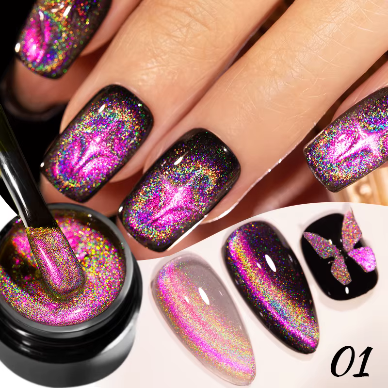 AWStorG 5ml Gel Oeil de Chat Laser Coloré Rose Lumineux Magnétique Vernis à Ongles Semi-Permanent Holographique Brillant Effet Argenté