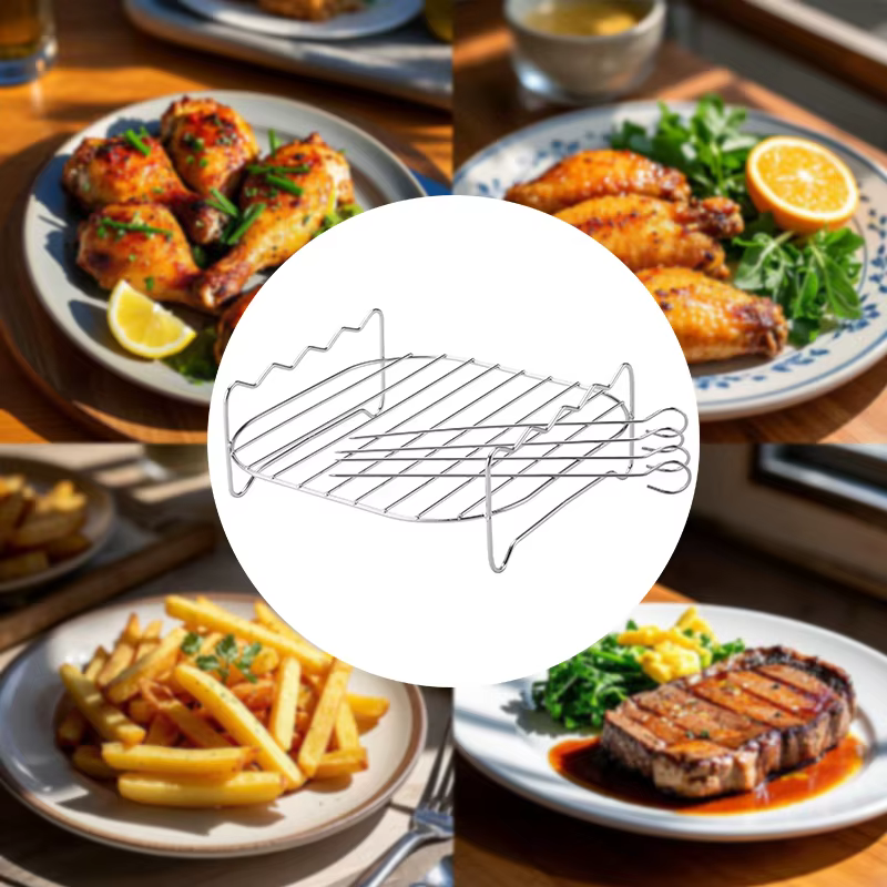 Support de gril pour friteuse à air équipé de quatre brochettes, grille de cuisson en acier au carbone pour four de barbecue en plein air, accessoires de cuisine