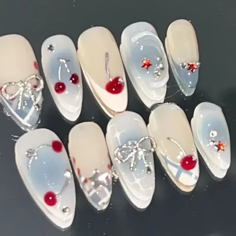 10 pièces presse à la main sur les ongles français amande couverture complète cerises et nœud conception faux