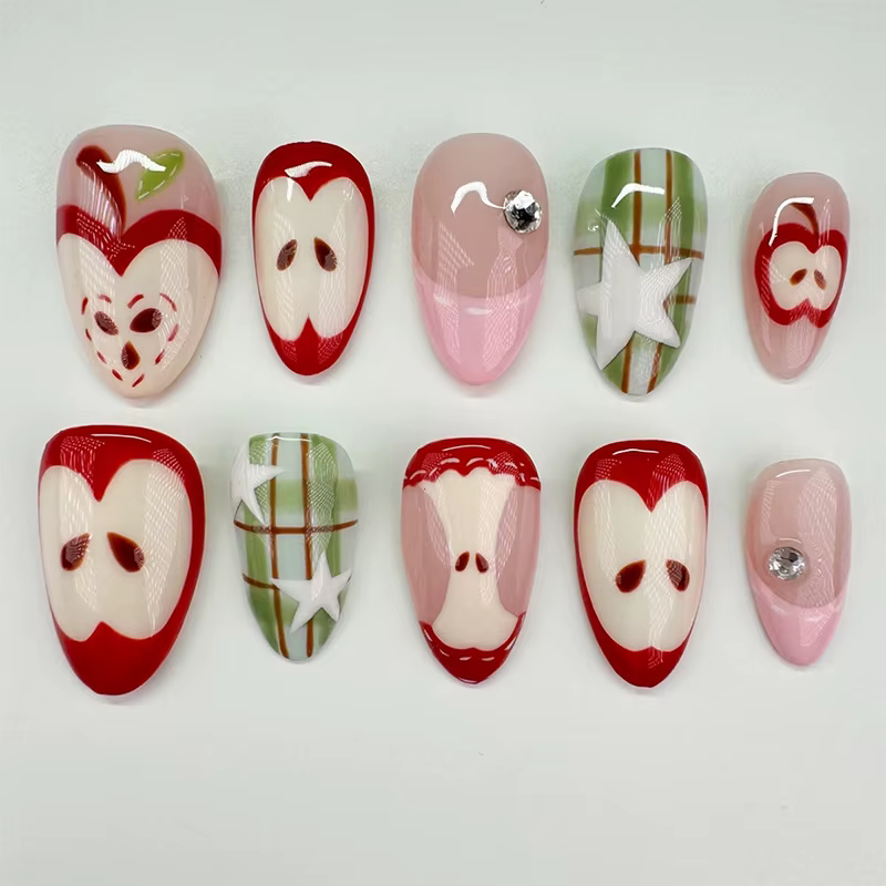 24 pièces frais vert amande faux ongles avec colle dessin animé modèles français mignon fleur presse