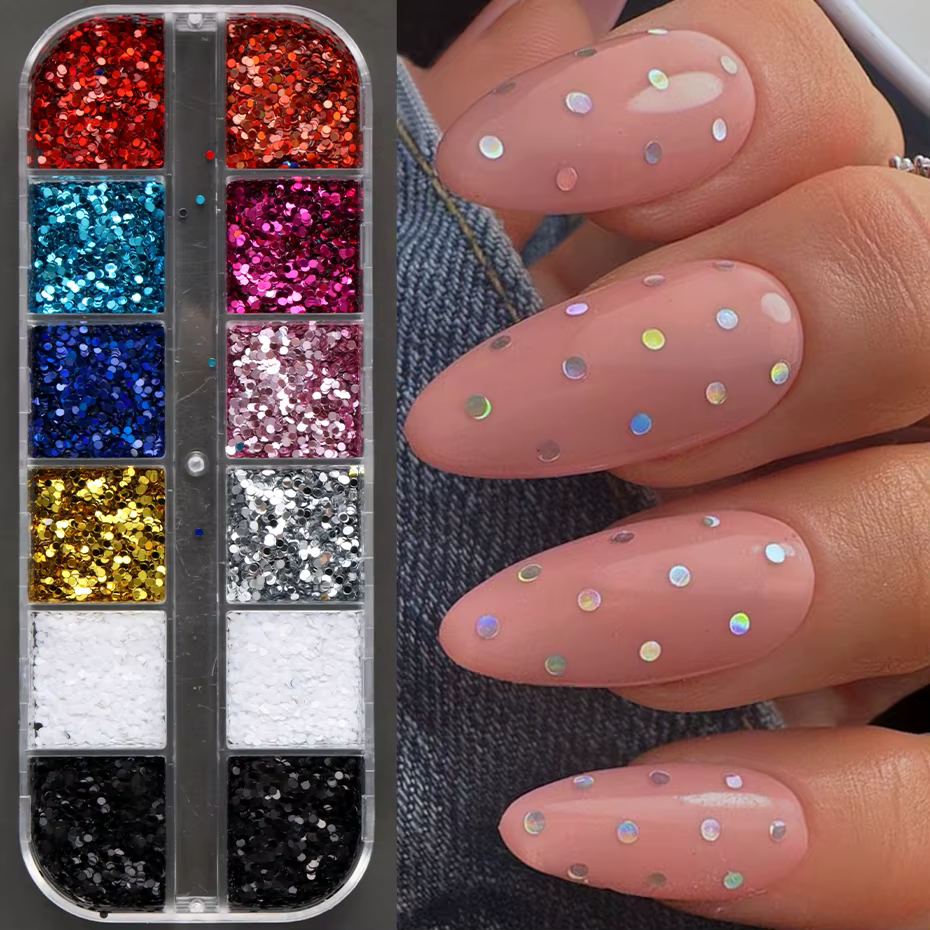 12 compartiments de mini-paillettes à pois pour nail art