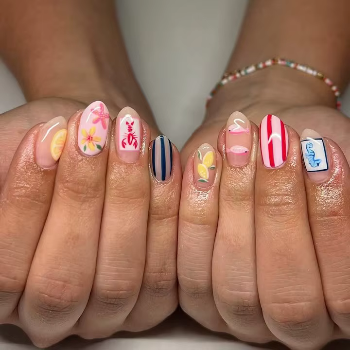 Presse sur les ongles peints à la main homard hippocampe poisson