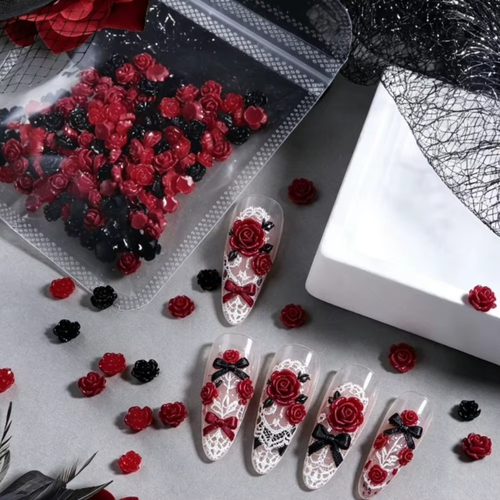 Accessoires pour ongles en forme de roses vintage, décorations de roses rouges et noires mélangées, fournitures pour ongles DIY, style Lolita sombre, punk, gothique.