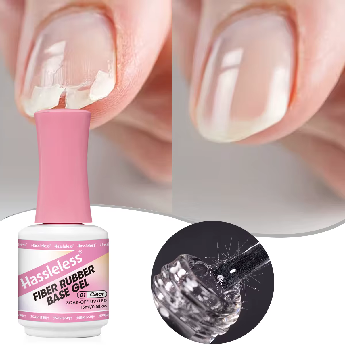 Gel de base en caoutchouc à fibres Hassleless 15 ml pour réparer les ongles cassés
