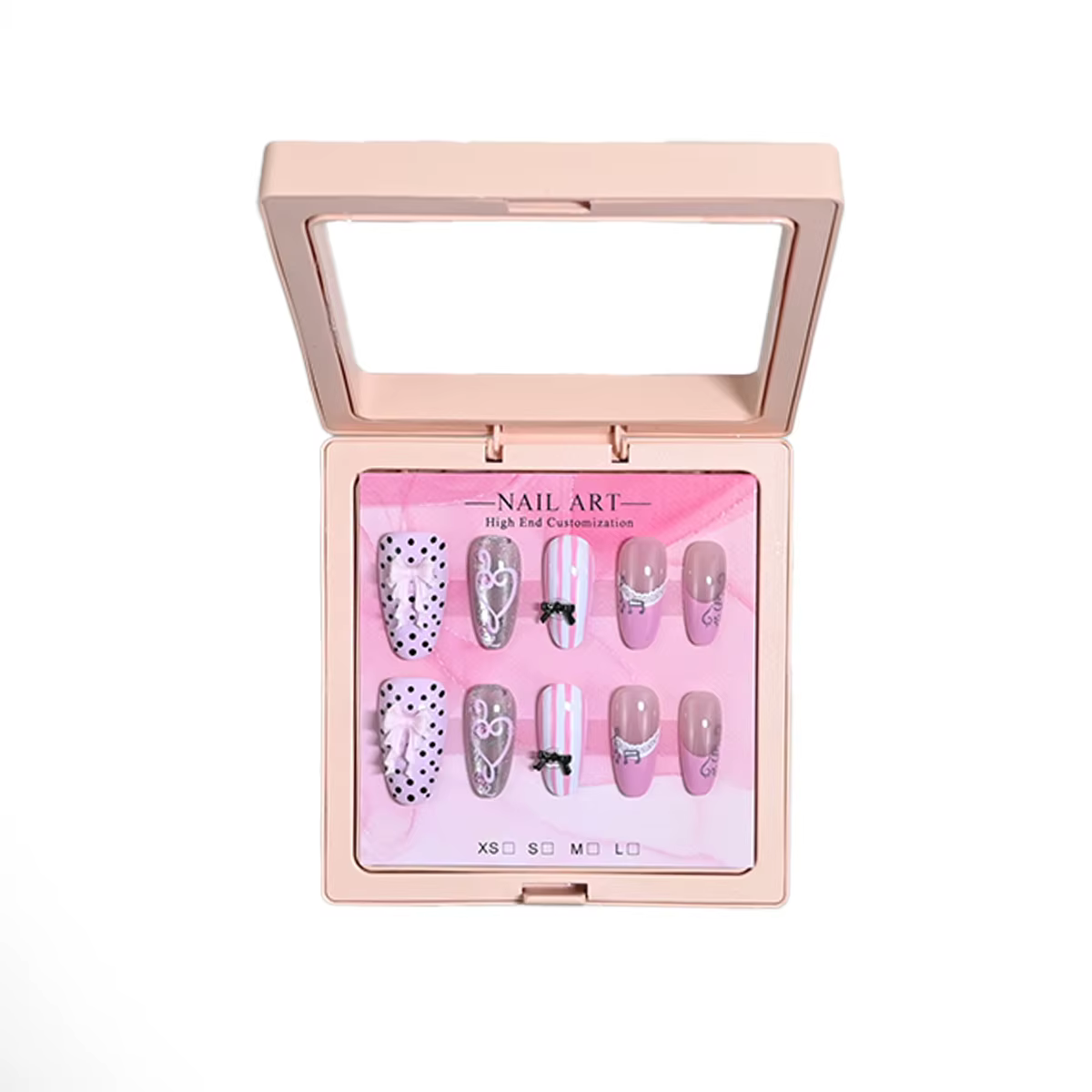 10 faux ongles en amande de taille moyenne faits à la main avec un emballage délicat. Ton rose-violet doux plein de charme féminin. Réutilisable et facile à utiliser