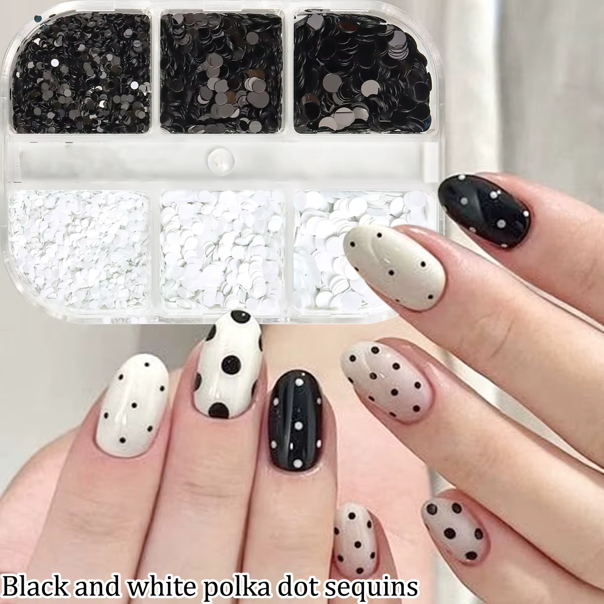 Accessoires de nail art à pois noirs et blancs scintillants