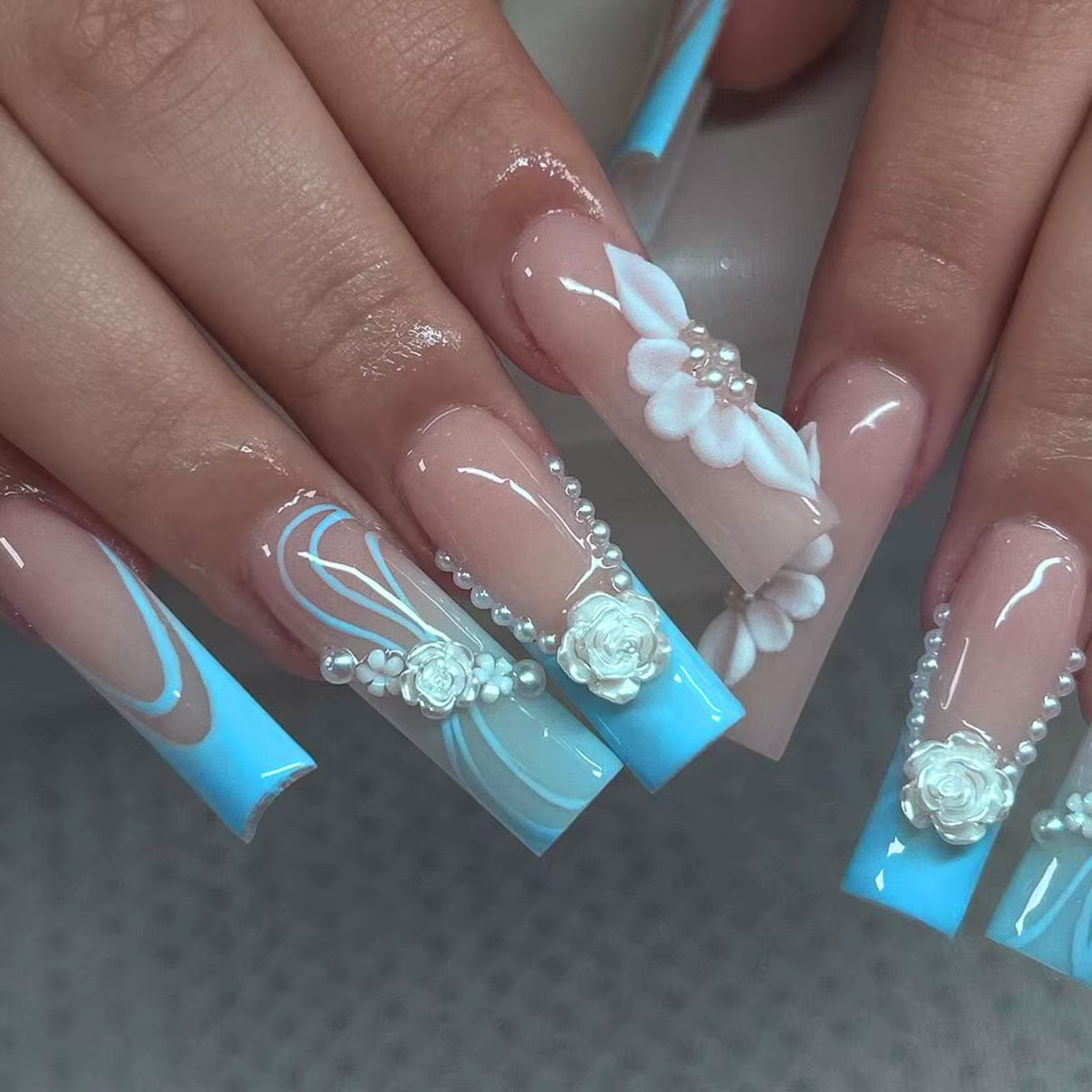 24 faux ongles longs carrés verts effet marbré