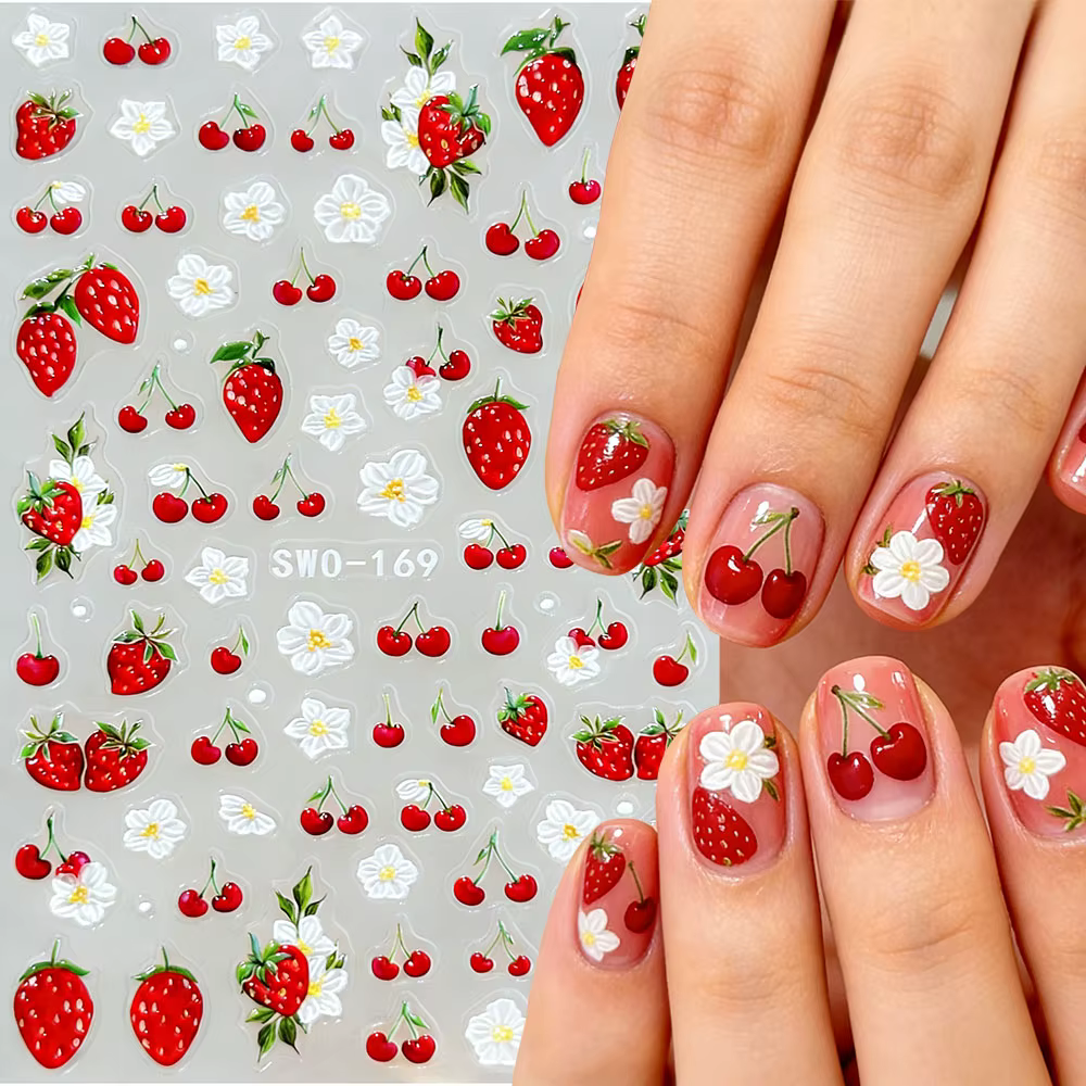 1 autocollant pour ongles 5D motif fraise rouge mignonne