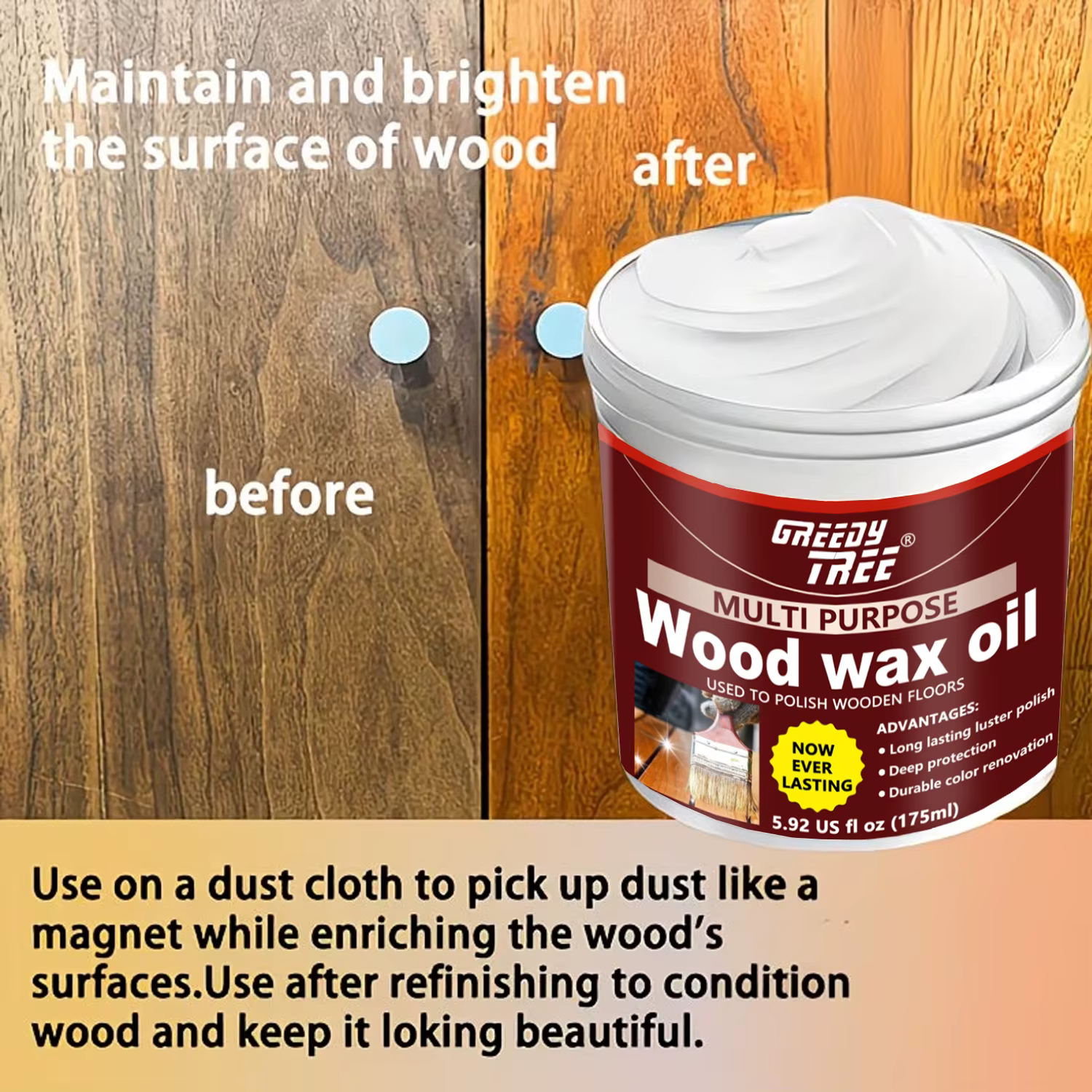Huile de cire pour bois multi-usages, cire d'abeille naturelle pour le polissage du bois, sols et meubles en bois, lustre durable, protection profonde