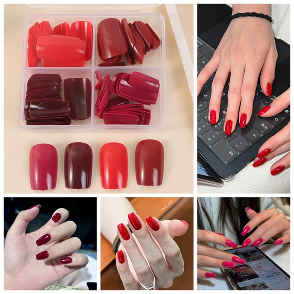 96 faux ongles carrés courts rouges mats