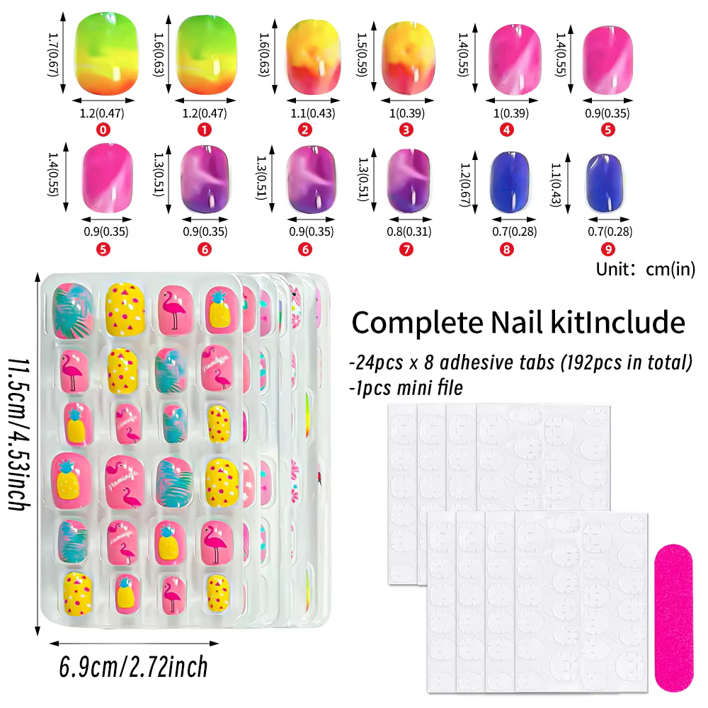 8 boîtes (192 pièces) de faux ongles à presser pour enfants