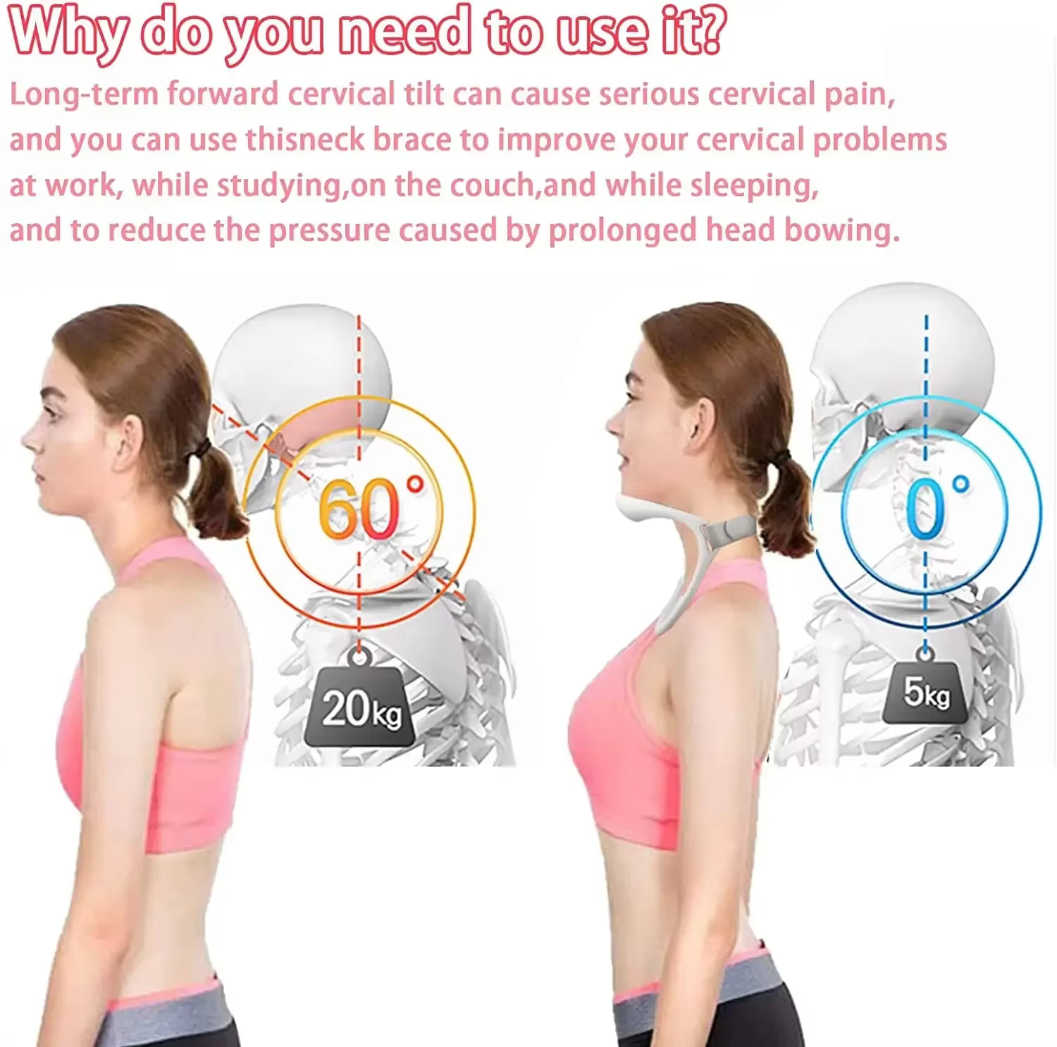 Soutien du cou du col cervical pour la correction de la posture de la tête avant et le confort assis long avec fonction de traction du cou