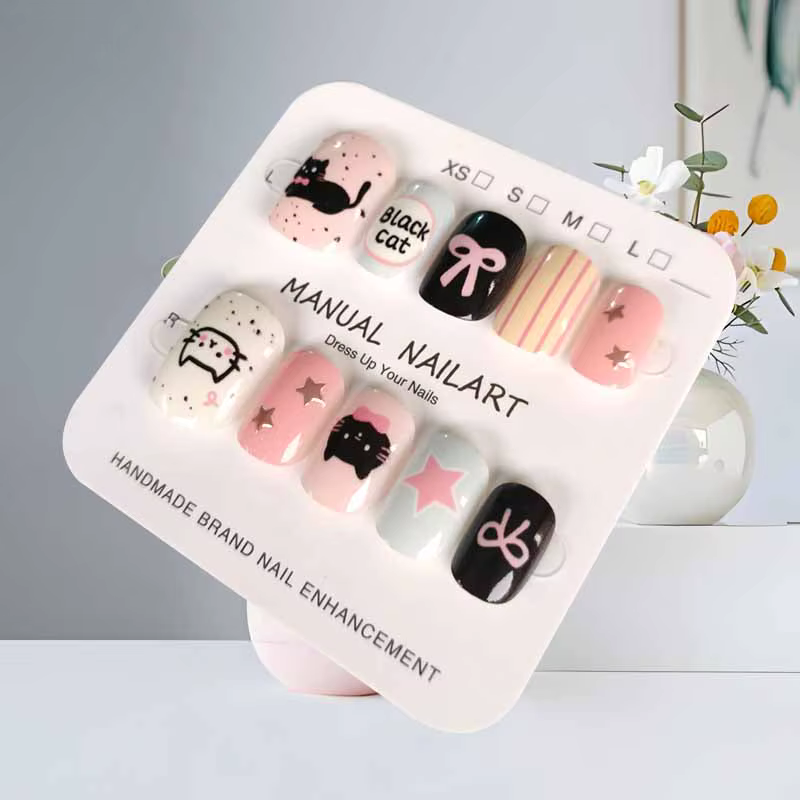 10 pièces Style coréen mignon dessin animé chat noir rose nœud papillon doux Cool dessiné à la main Patch pour ongles