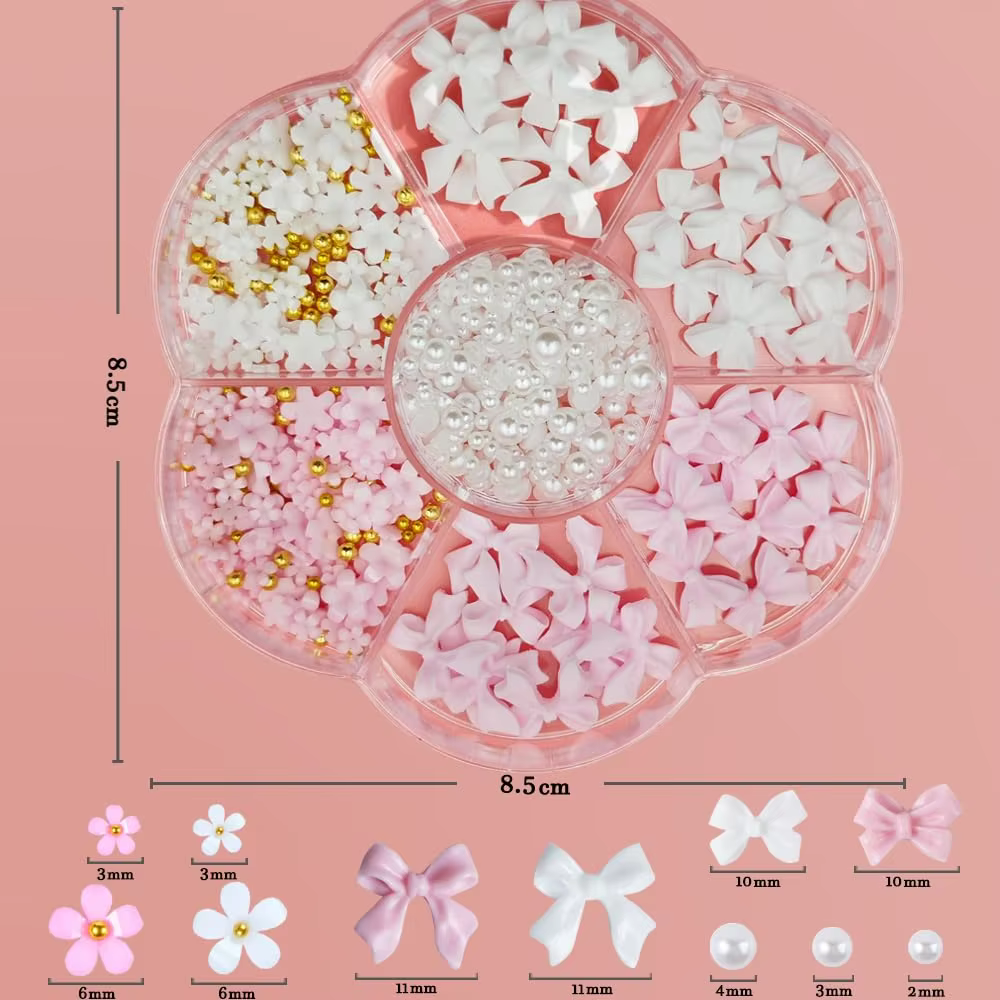 1 boîte de décorations pour ongles en forme de fleur avec nœud papillon 3D