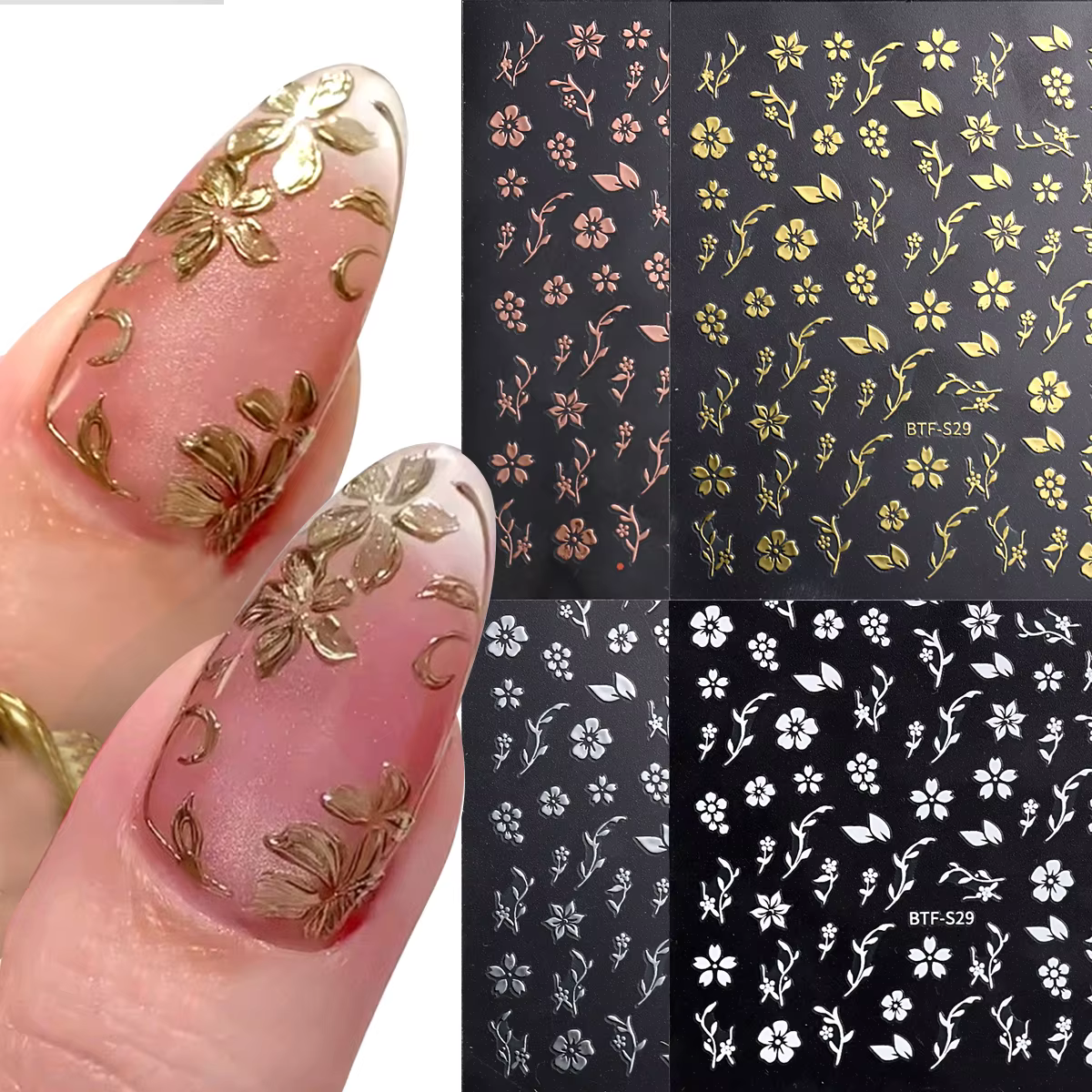 Autocollants pour ongles en forme de fleur dorée - Design feuille