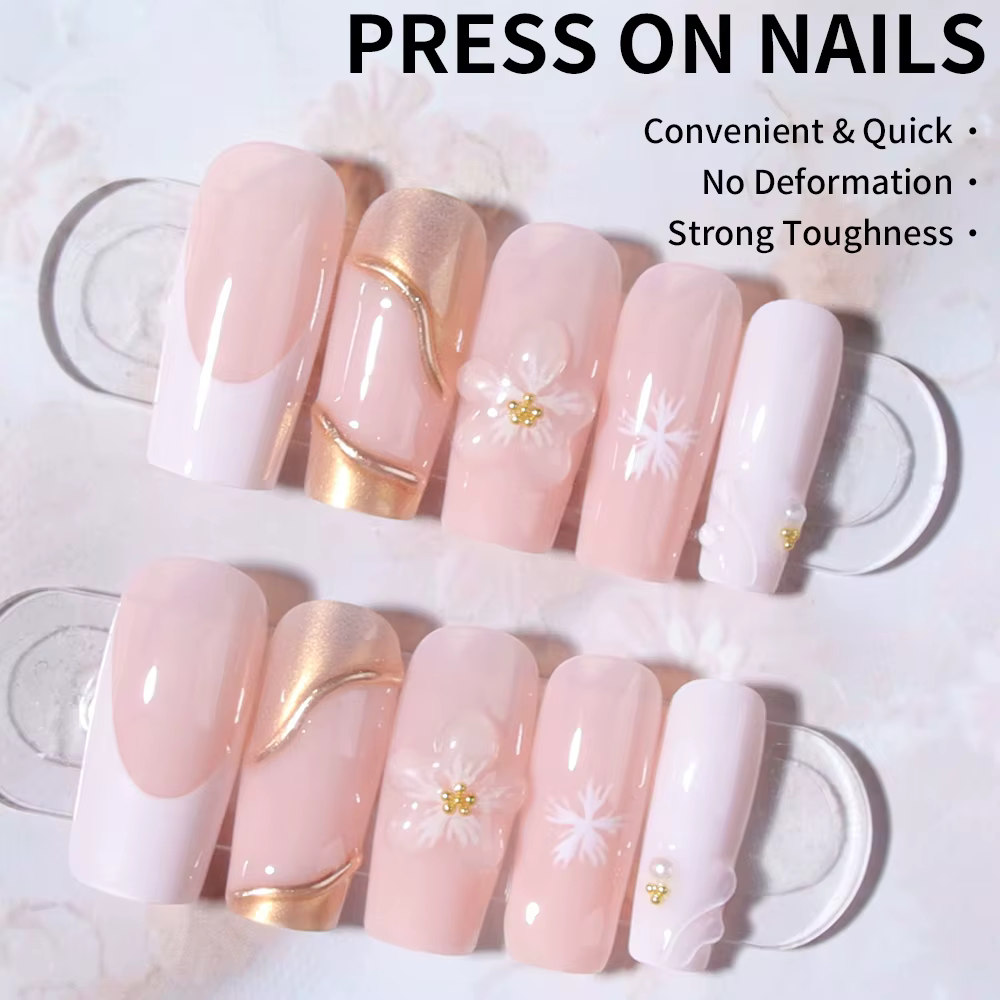 24 pièces Long carré 3D tridimensionnel Gelnail fait des ongles de fleur avec perle décorer conception blanc français