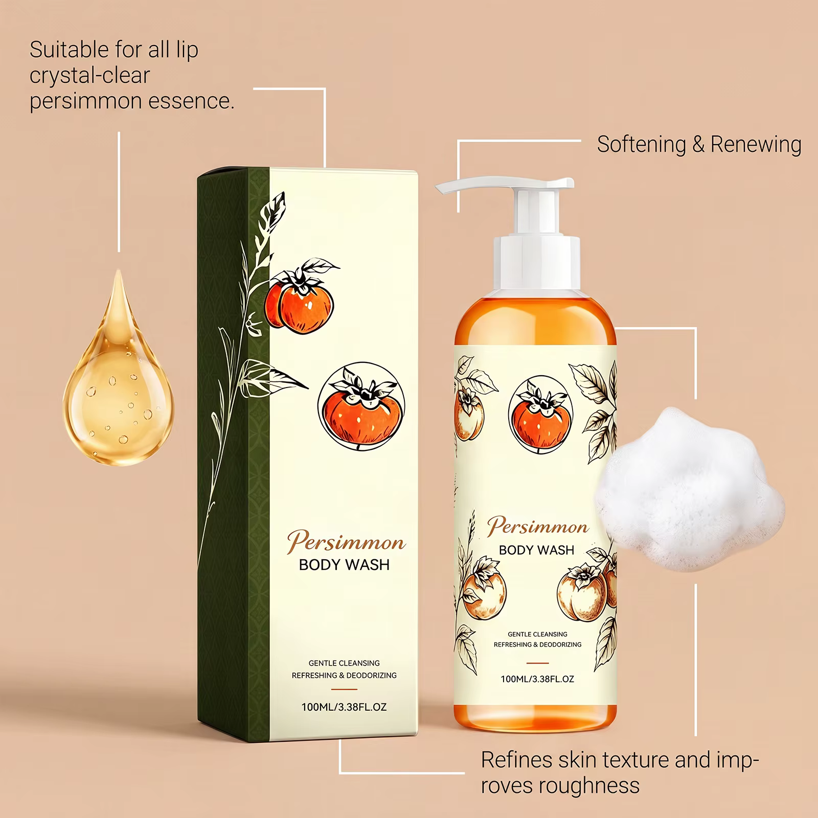Gel douche au kaki, nettoyant doux, soin de la peau, hydratant en profondeur, rafraîchissant, pour tous les types de peau, fluide de bain