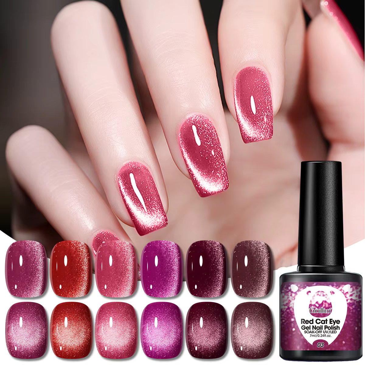 Groillim 7 ml paquet unique nouvel an rouge paillettes oeil de chat Gel vernis à ongles