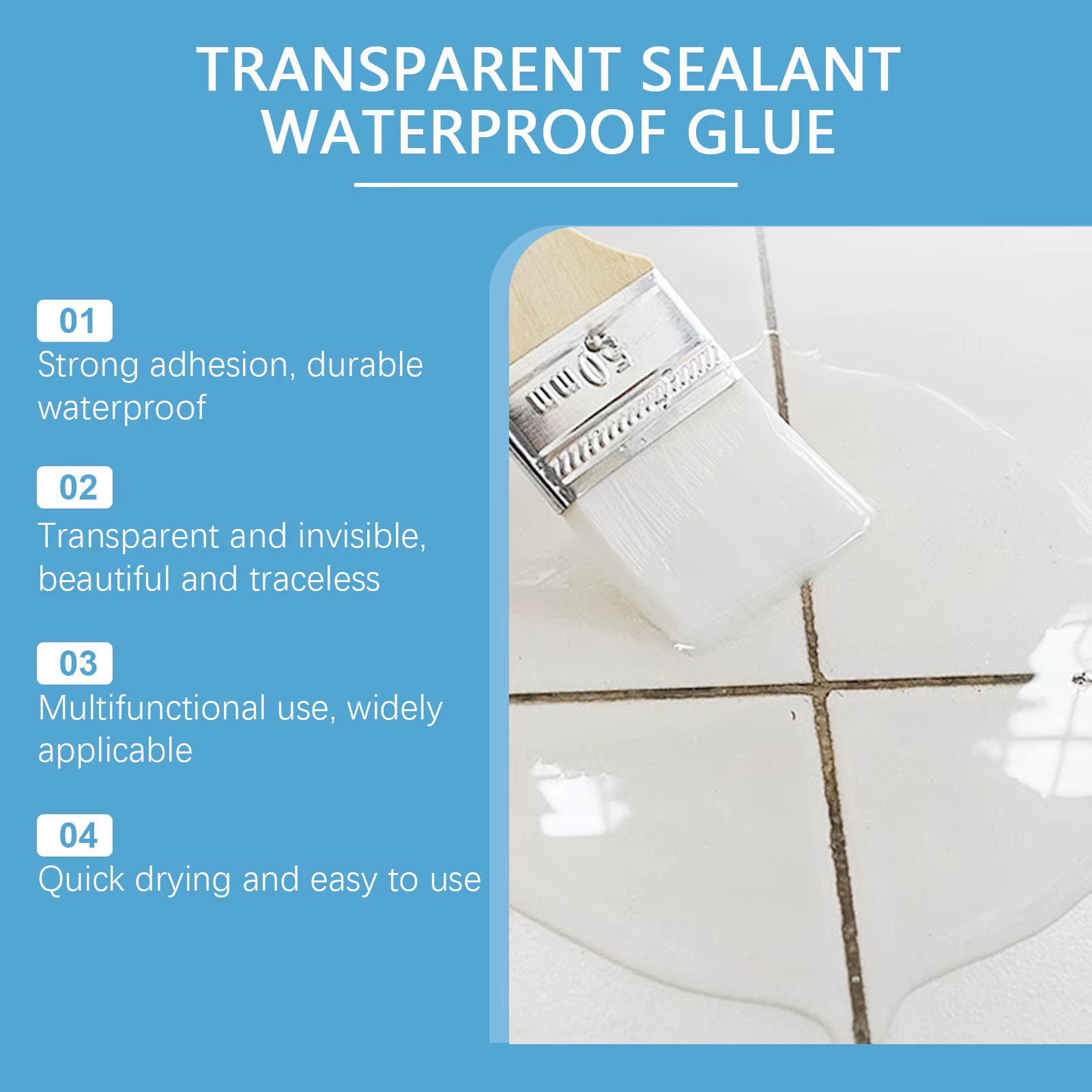 Scellant transparent imperméable utilisé pour la réparation des fuites de toiture, la réparation des carreaux de salle de bain, le bricolage, les murs en béton, séchage rapide, livré avec un pinceau