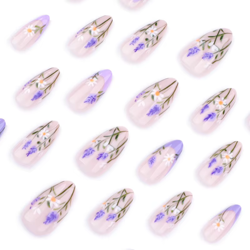 24 pièces printemps été ongles presse Ons fleur français violet faux