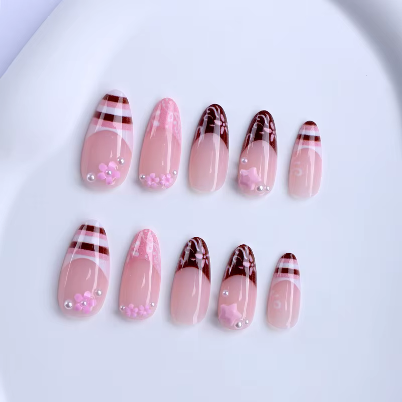 24 faux ongles roses mignons 3D en forme de fleur et d'étoile