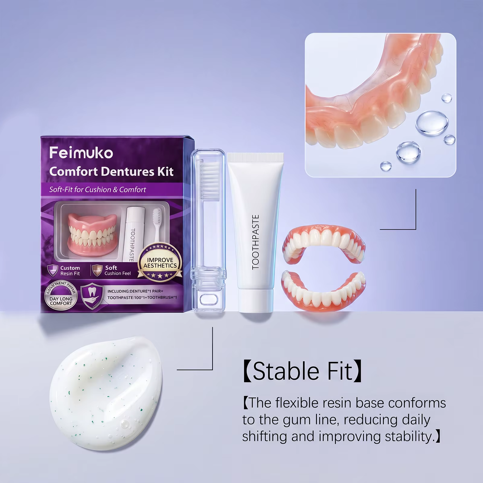 Kit de prothèses dentaires confortables, couvre-dents en résine souple, embellissement du sourire, avec dentifrice, brosse à dents, ensemble de soins quotidiens