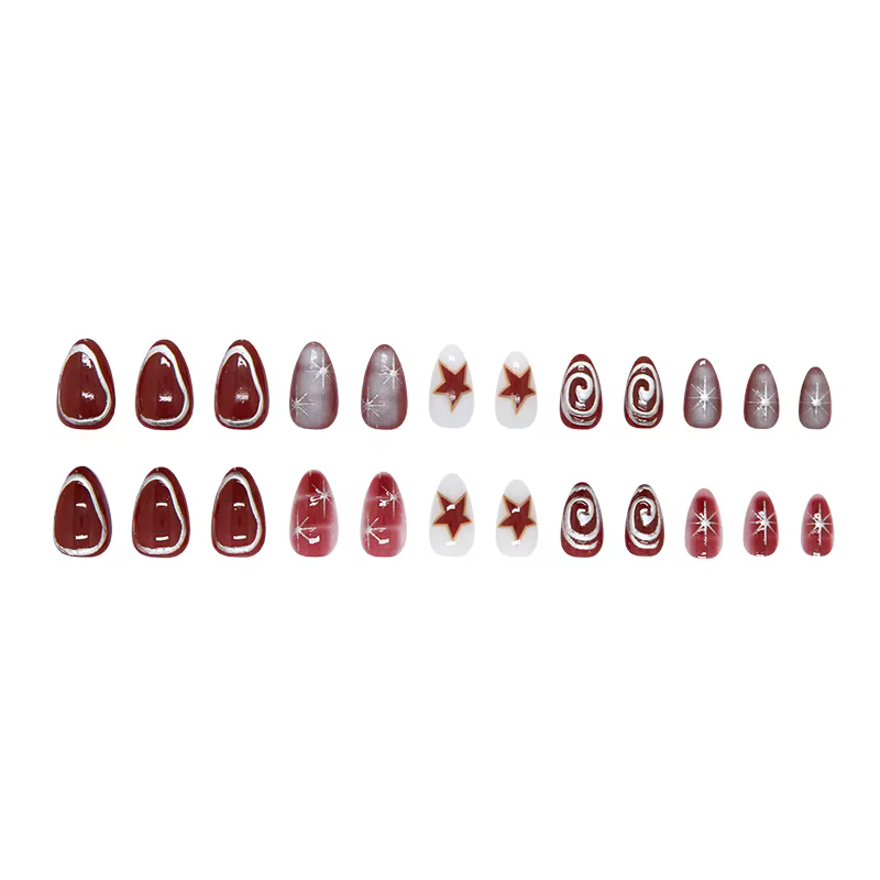 24 pièces rouge étoile imprimer faux ongles doux Cool court amande presse