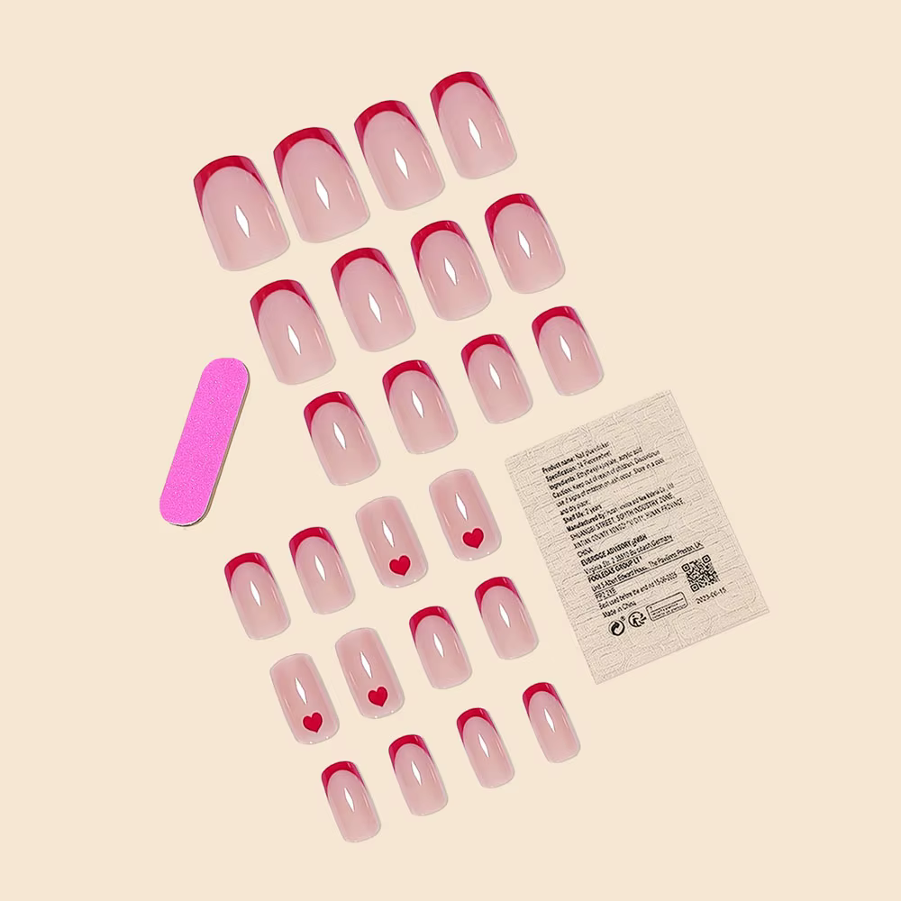 Femmes filles moyen carré français rouge bordure coeur imprimé brillant couverture complète portable faux ongles presse sur Nail Art 24 pièces/ensemble