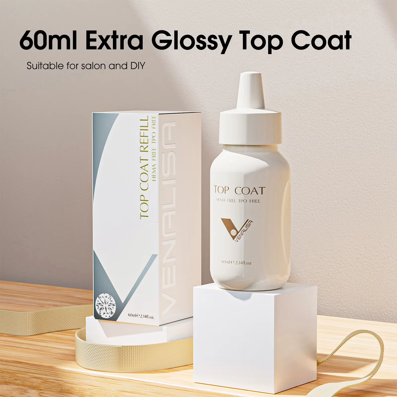 Venalisa 60ml Recharge de Gel de Finition pour Ongles Sans HEMA Sans TPO Sans Résidu Brillant Soak Off UV LED Longue Durée Gel Nail Art Usage Professionnel en Salon