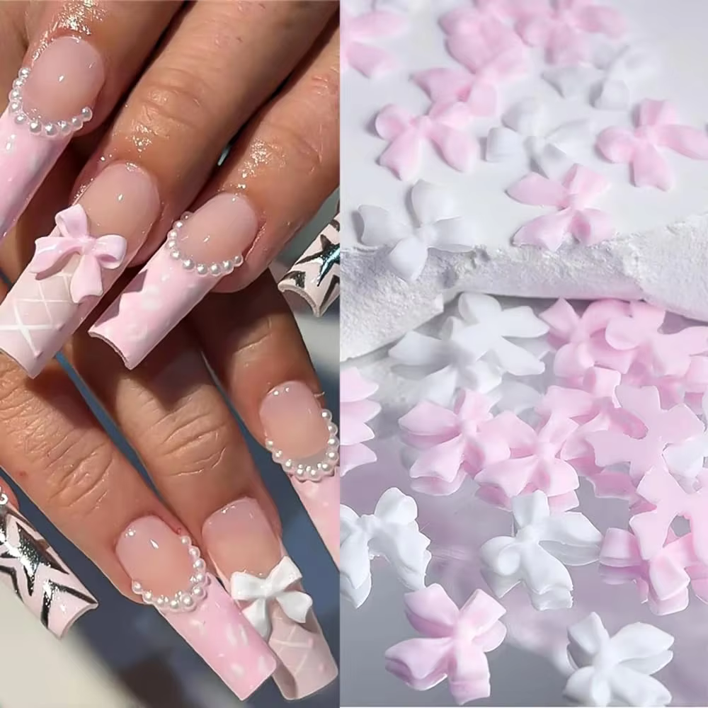 1 boîte de décorations pour ongles en forme de fleur avec nœud papillon 3D