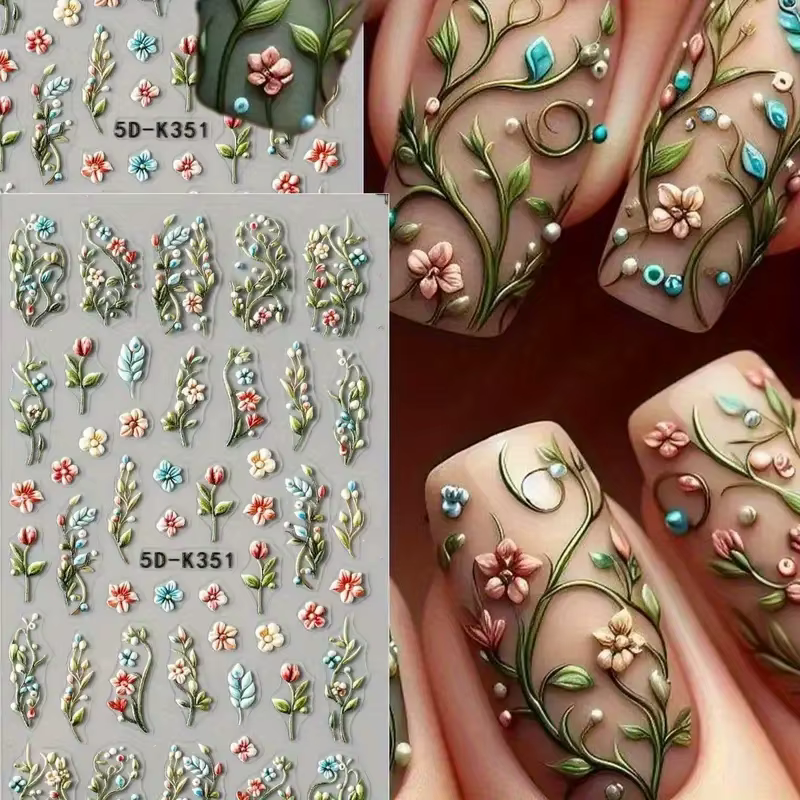Autocollants pour ongles motif fleur de lys rose - Motifs fleurs roses et feuilles vertes