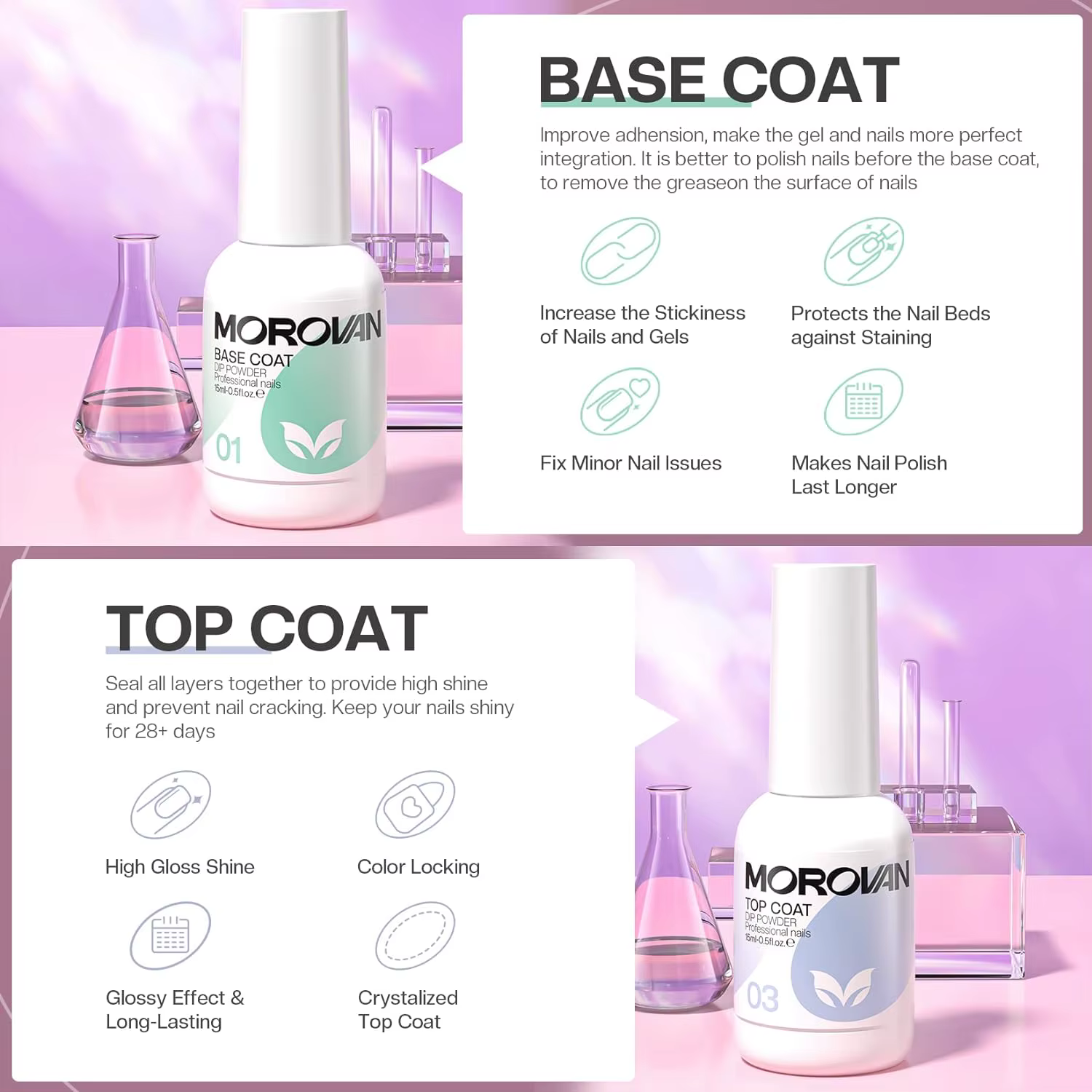 Ensemble de liquide de poudre de trempage avec couche de finition de Base d'activateur et économiseur de brosse