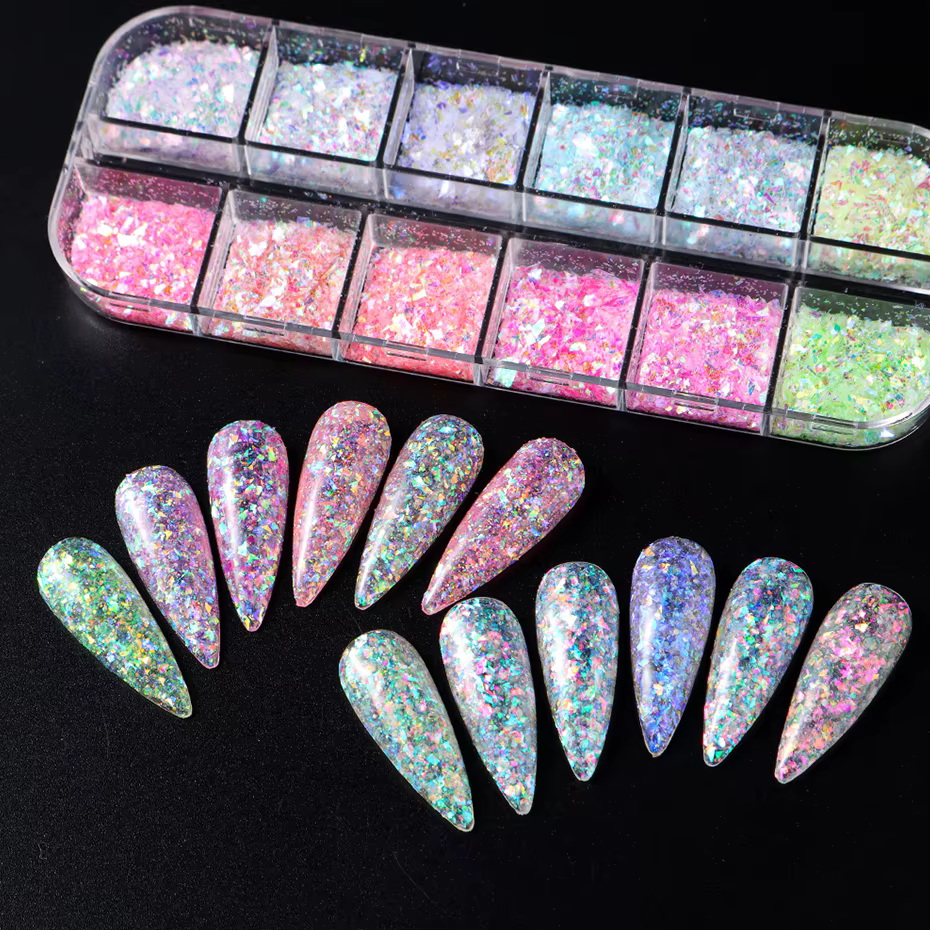 12 grilles Aurora caméléon ongles paillettes flocons irréguliers cristal verre