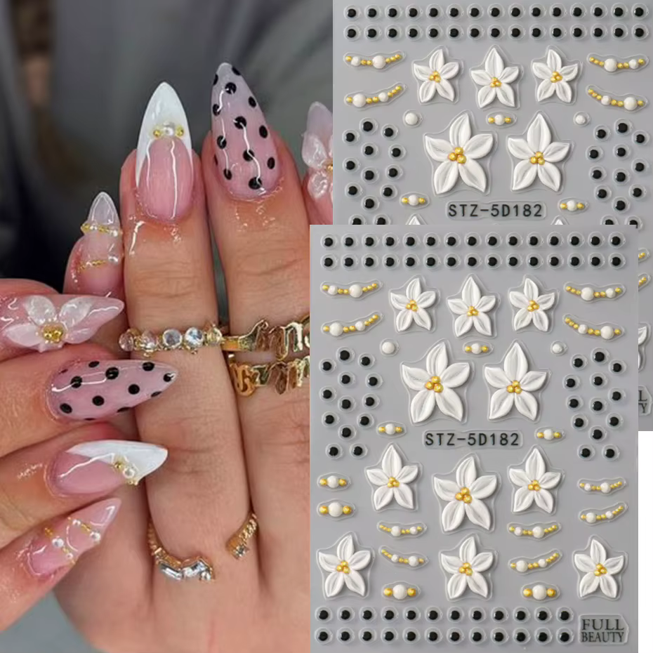 Autocollants pour ongles à motifs floraux tropicaux - Design floral blanc et à pois