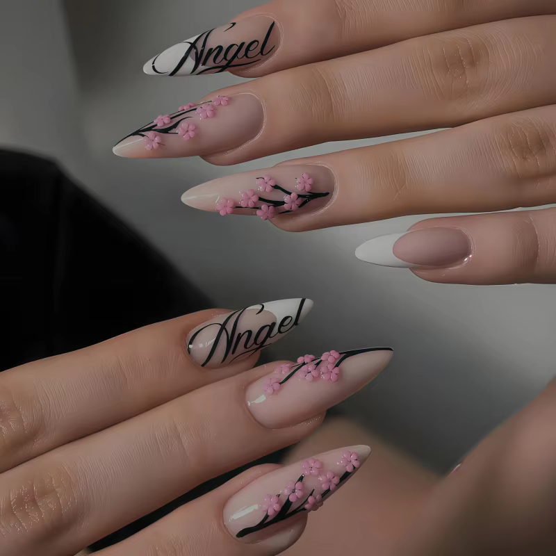2026 24PCS Faux ongles neutres brillants, forme amande, dégradé rose nude, avec pointillages blancs et noirs, style French manucure mate