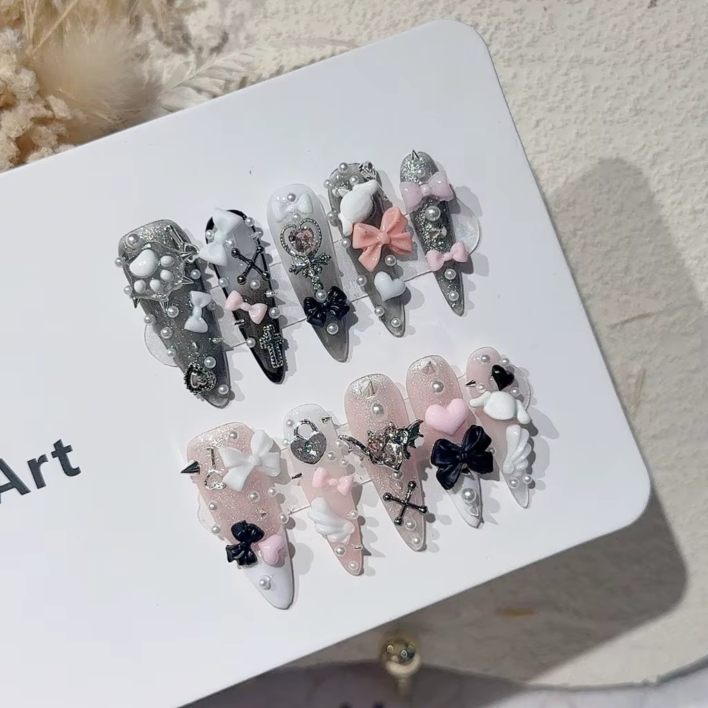 Jirai Y2K Spice Girl Black Pink Long Tip French Press On Nails Sweet Cool Menhera Nail Art 3D Bow Cross Kawaii Cute Fake