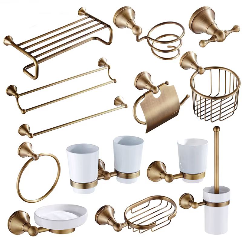 Accessoires de salle de bains en laiton Antique, ensemble de quincaillerie, porte-serviettes, porte-papier hygiénique, brosse de toilette, porte-savon de douche