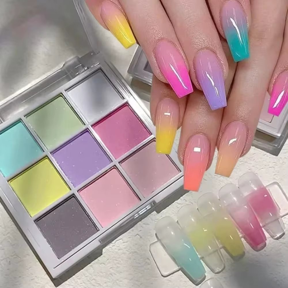 Manucure 9 couleurs tapotements ongles poudres solide Fine paillettes magique néon poudre miroitant