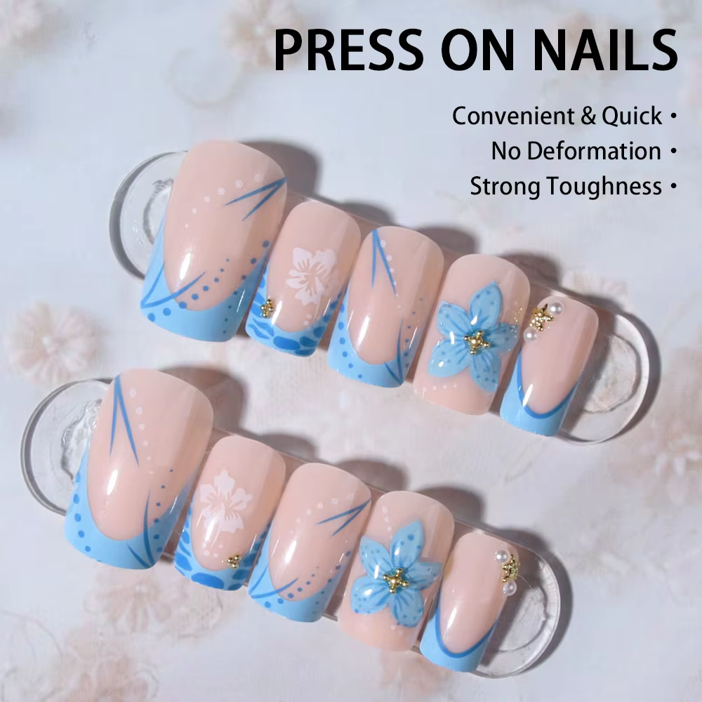 24 pièces court carré 3D Gel ongles fait avec perle décoration Design bleu clair français acrylique presse