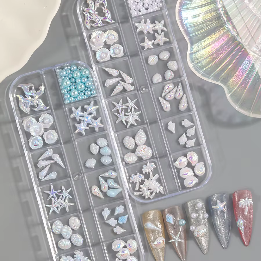 12 compartiments de décorations pour nail art style océan estival