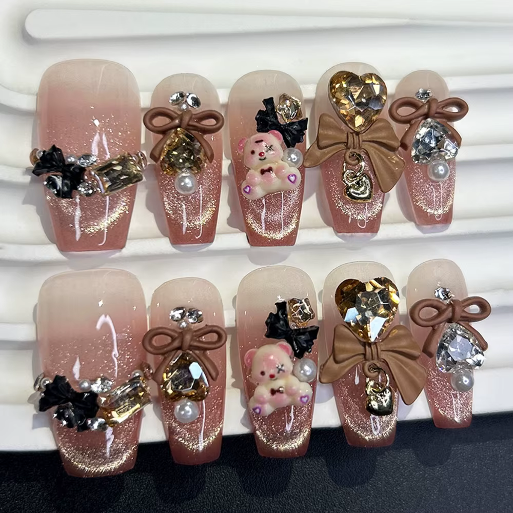 Ongles Press-On Faits Main Effet Œil de Chat Ours Rose Marron Mignon