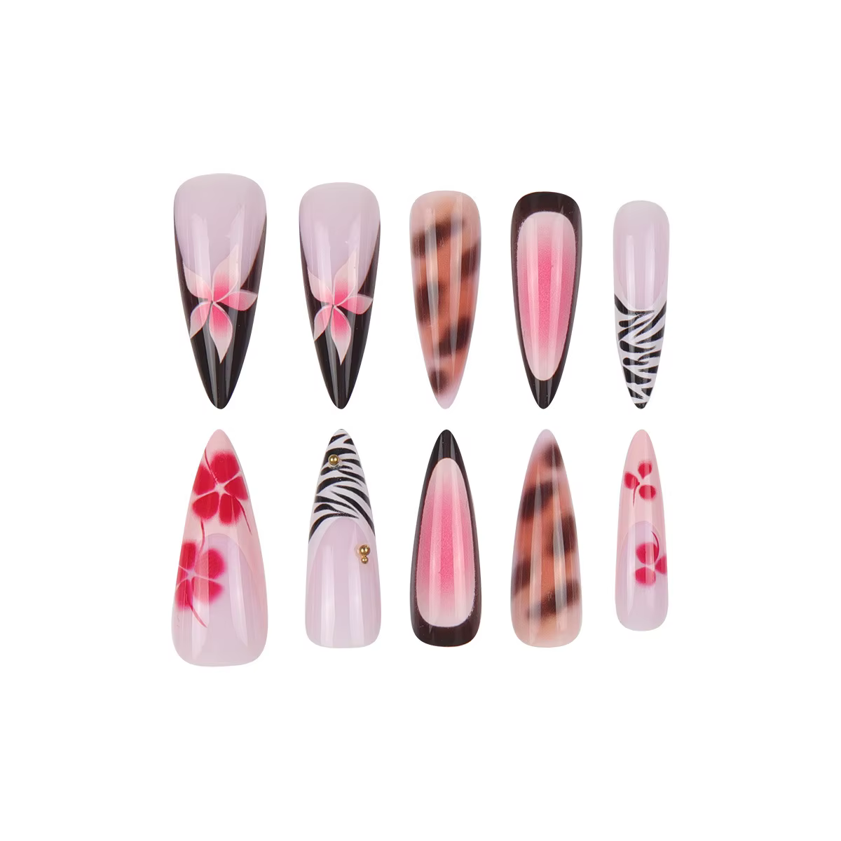 Faux ongles nude avec motif floral rose et bleu, perles métalliques et strass, forme amande, à presser, pour nail art