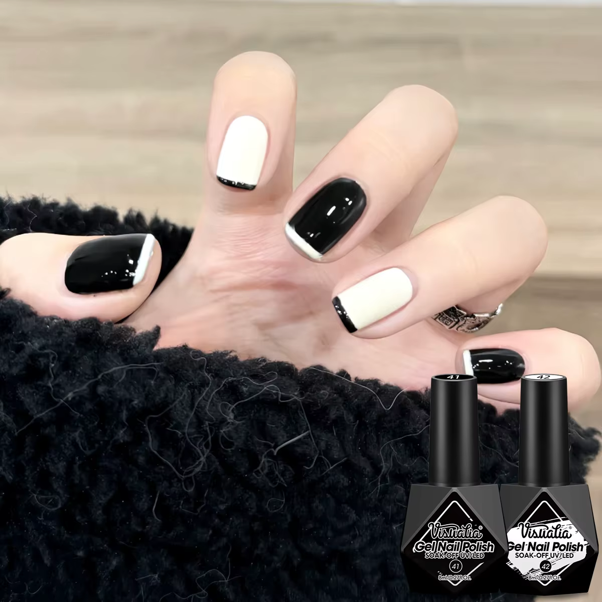 Visuatia 2/1 Vernis à ongles en gel noir et blanc - Revêtement UV brillant longue durée