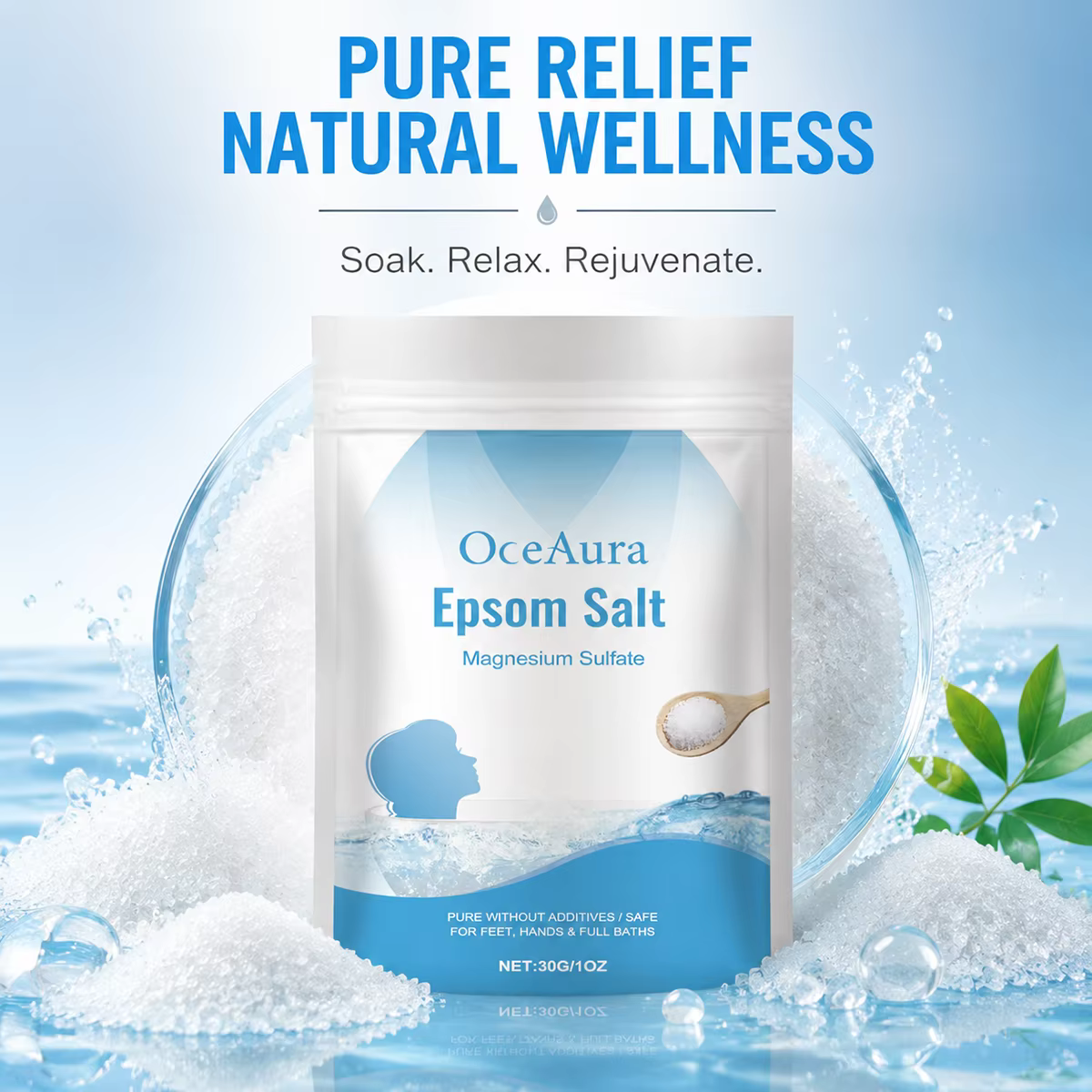 Sel d'Epsom pur, sulfate de magnésium pour bain de pieds
