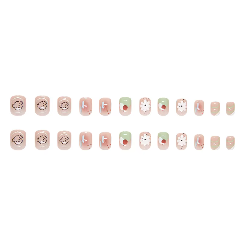 24 pièces Blush faux ongles avec colle fleur chiot été presse